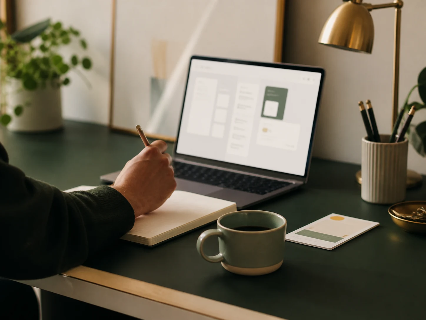 A freelancer thoughtfully reviewing a generic digital workspace.
