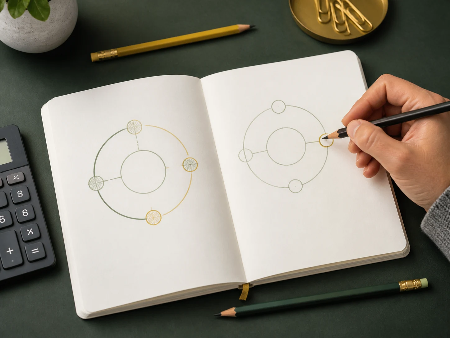 A notebook with simple geometric diagrams and a calculator.