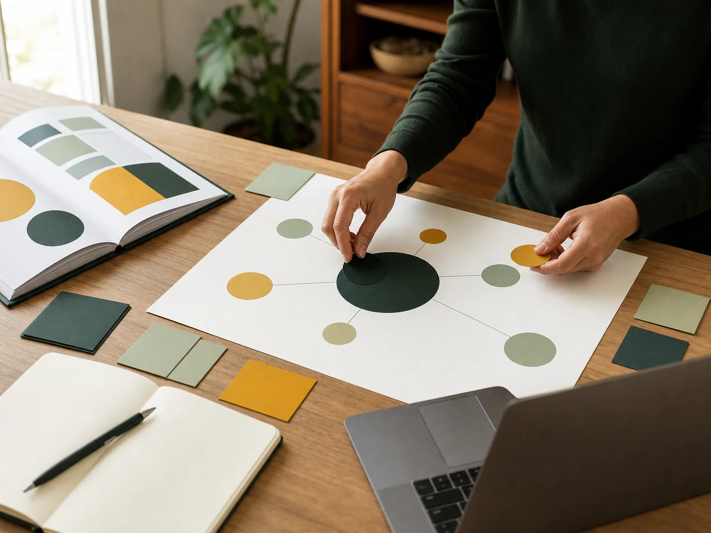 Hands arranging a geometric skill map at a warm home workspace.