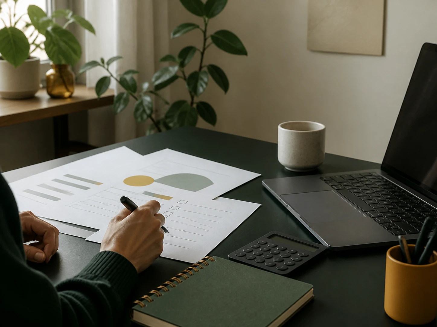 A freelancer planning a first project beside a laptop and calculator.