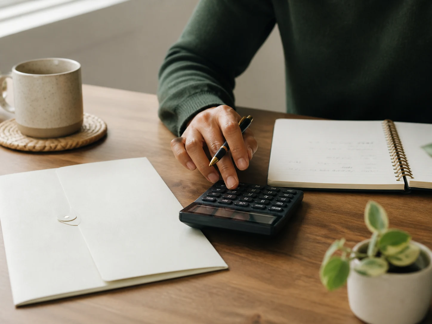 A person using a calculator beside a neutral document sleeve.