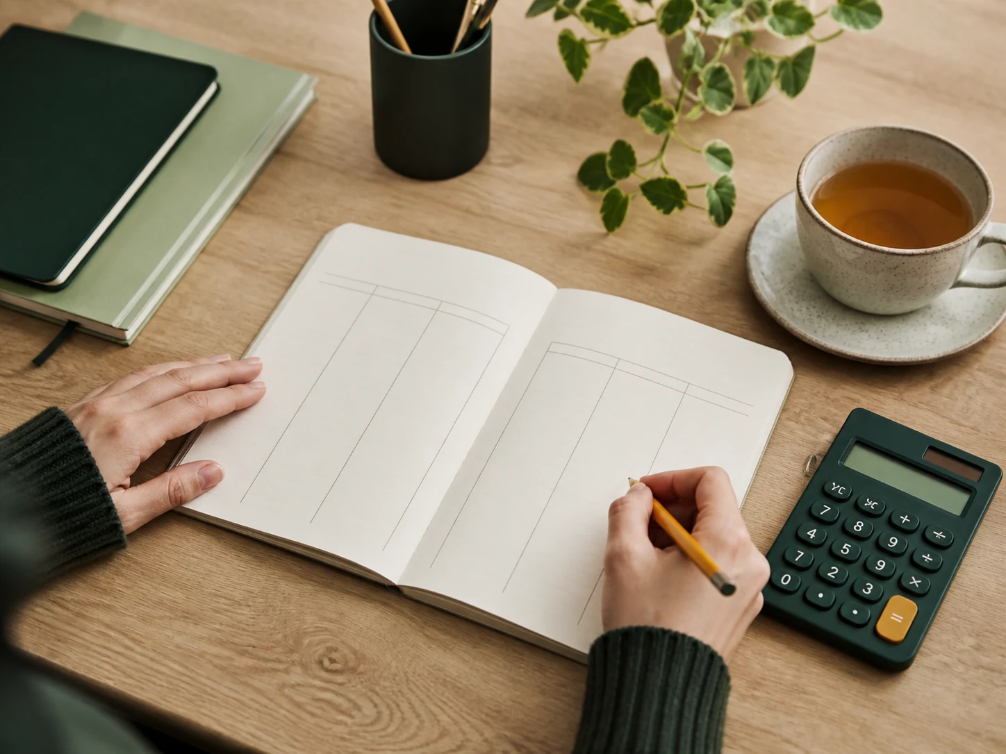 A blank budgeting notebook, calculator and tea on a wooden desk.