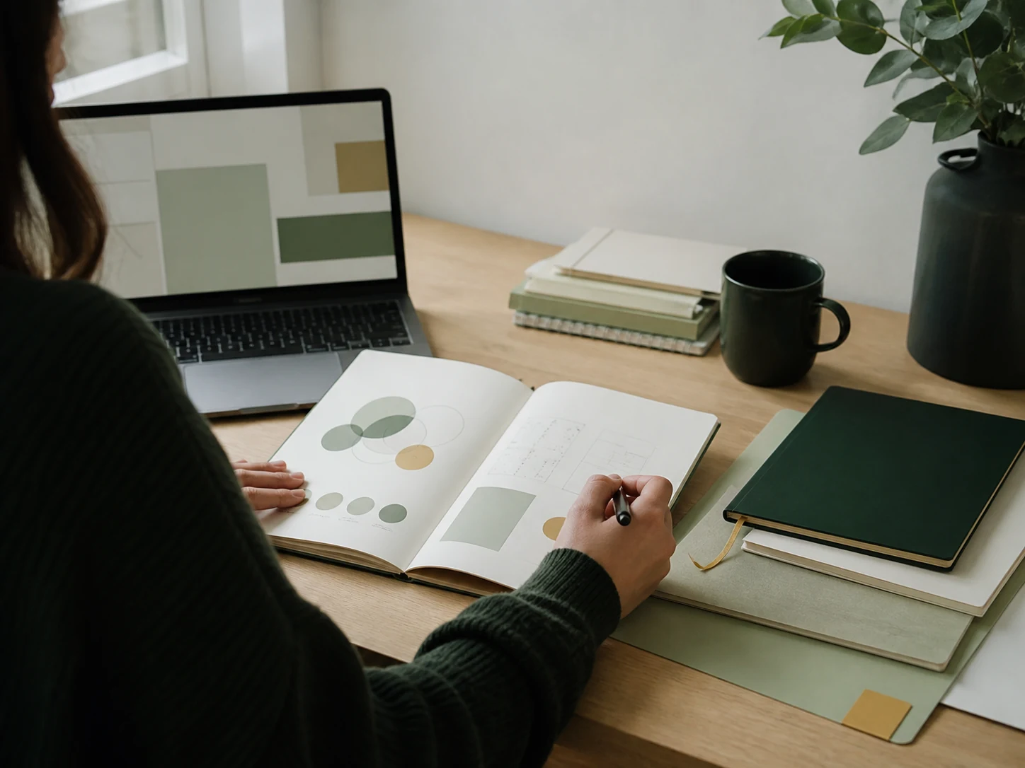 A learner comparing course materials and study notes at a desk.