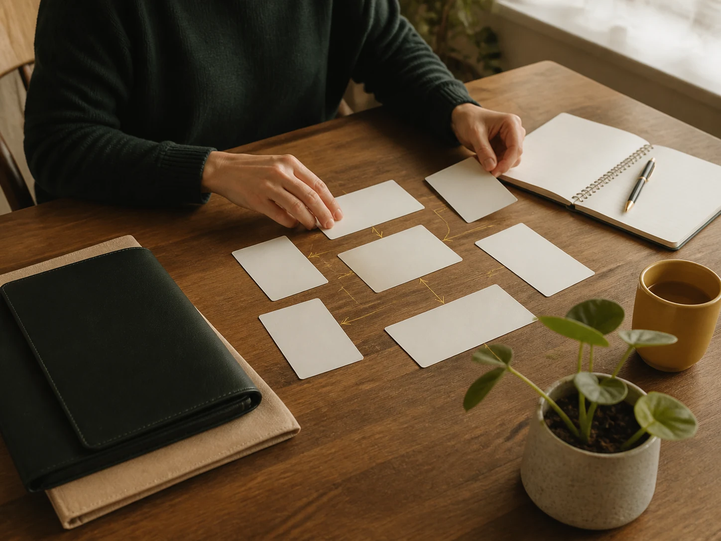 Blank roadmap cards arranged beside a portfolio notebook.