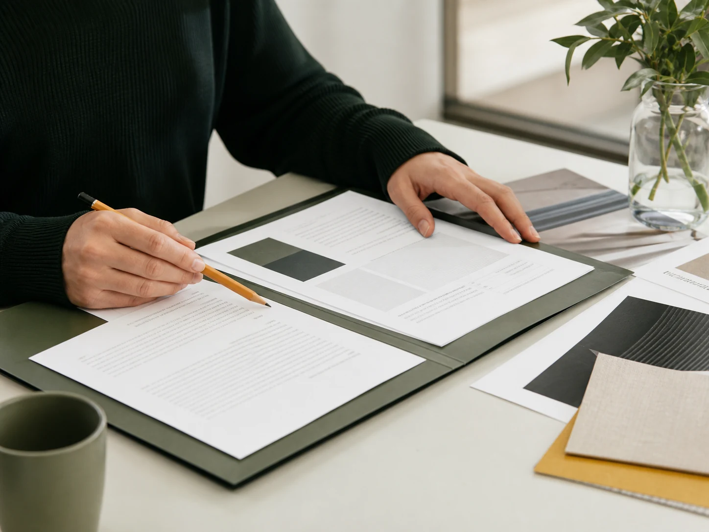 A professional refining a portfolio and abstract document materials.