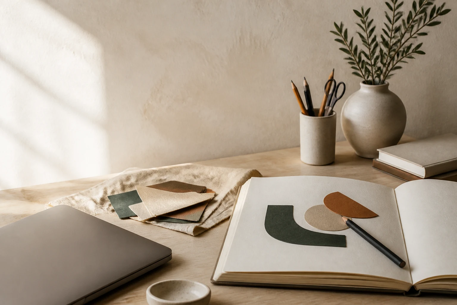 A calm creative-learning workspace with a sketchbook, paper shapes and unbranded laptop.