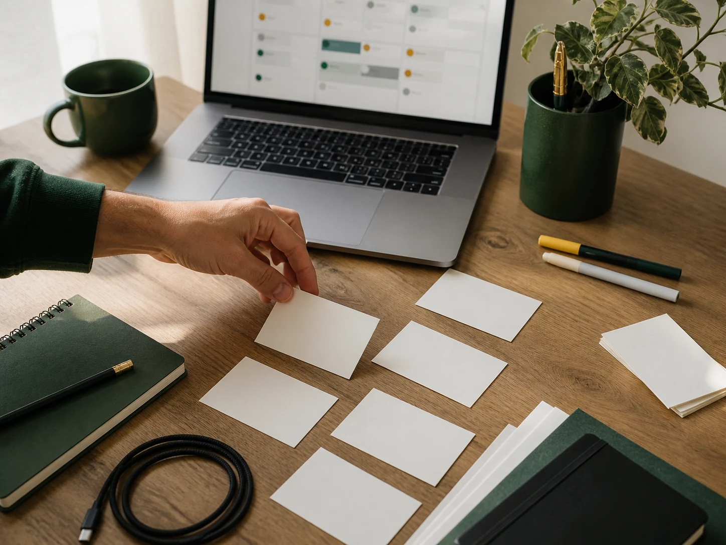 Hands arranging simple project cards beside an organized workspace.