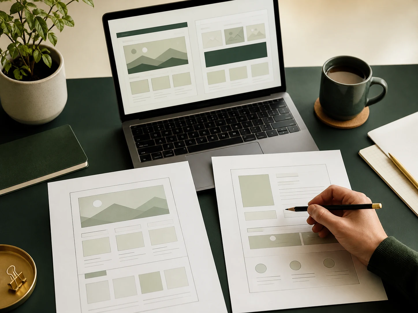 Two abstract website layout approaches compared at a desk.