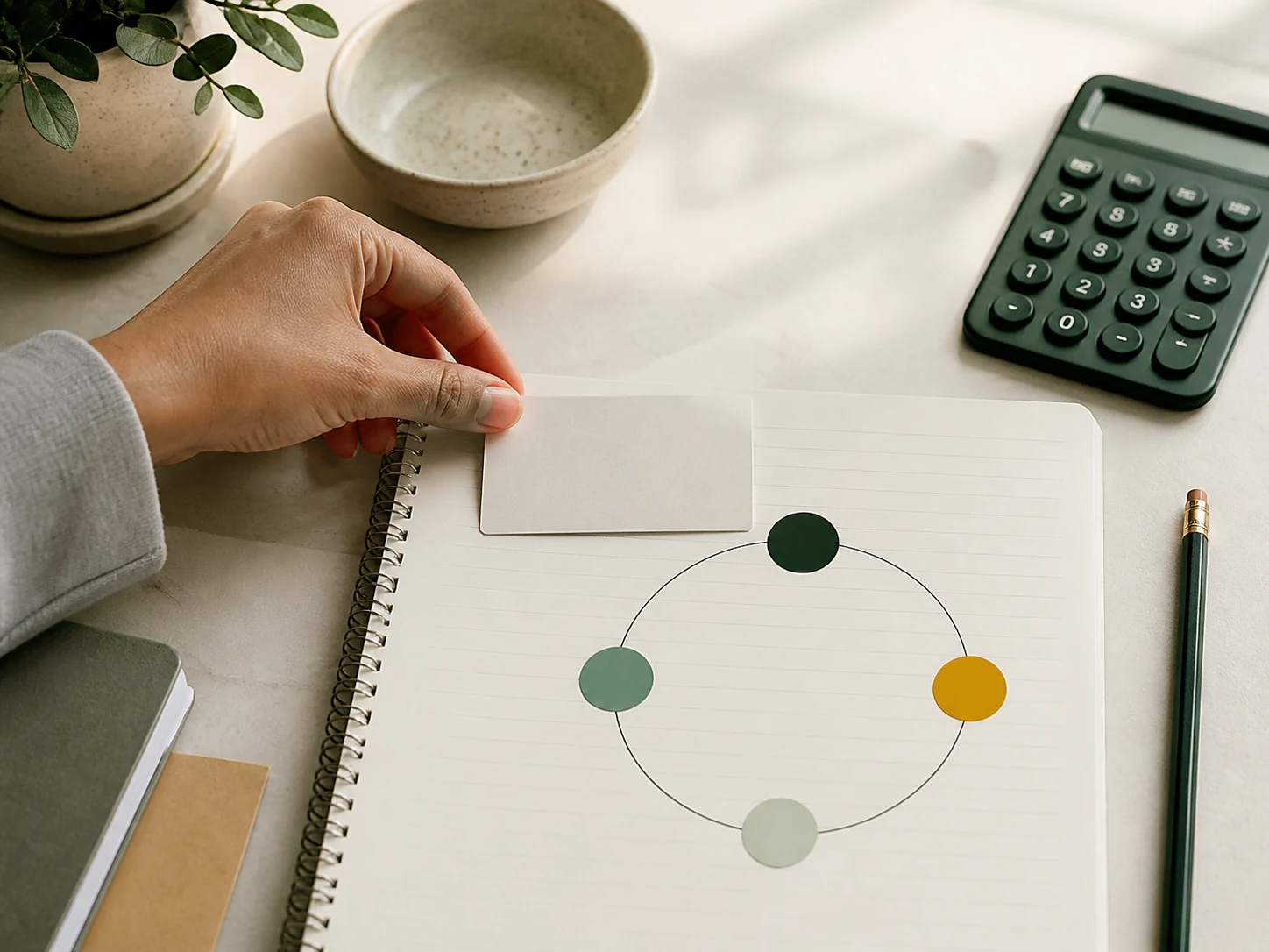 A blank card-shaped paper and proportion diagram on a notebook.