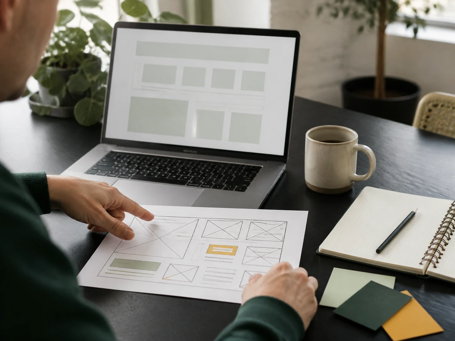 A designer reviewing a paper website wireframe beside a laptop.